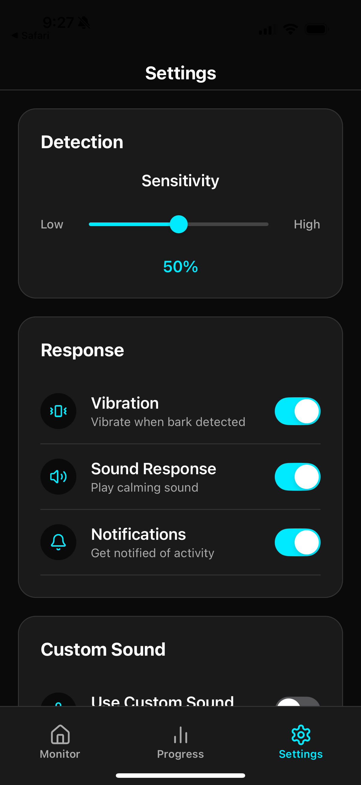 CrateQuiet Settings Screen