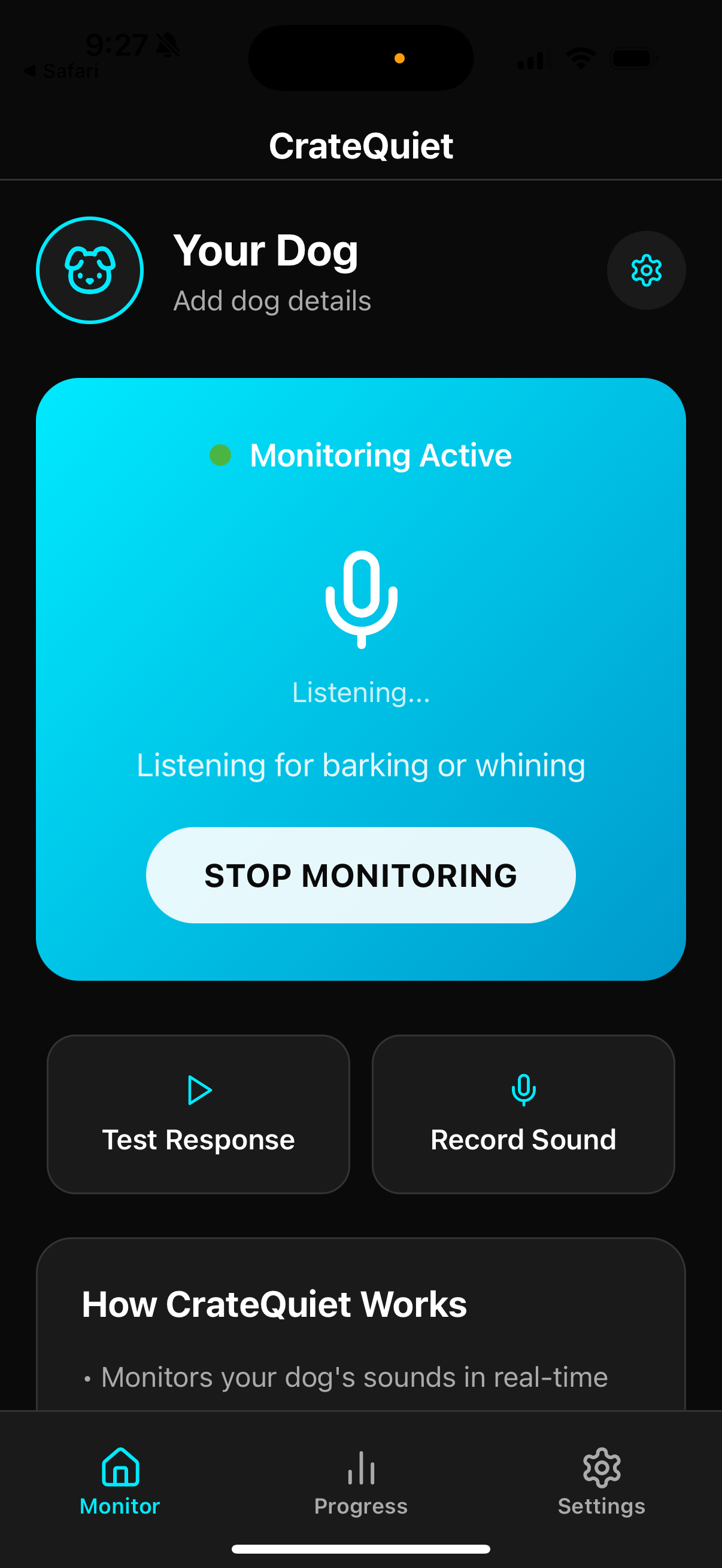 CrateQuiet App Screenshot - Monitoring Active