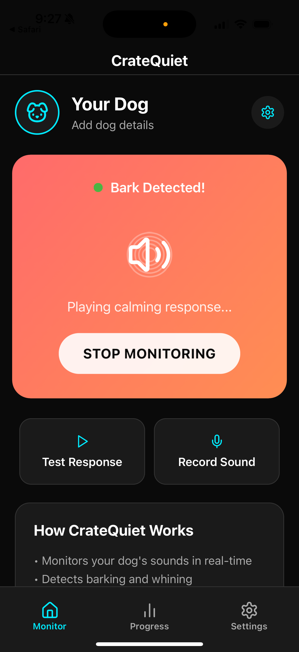 CrateQuiet App Screenshot - Bark Detected
